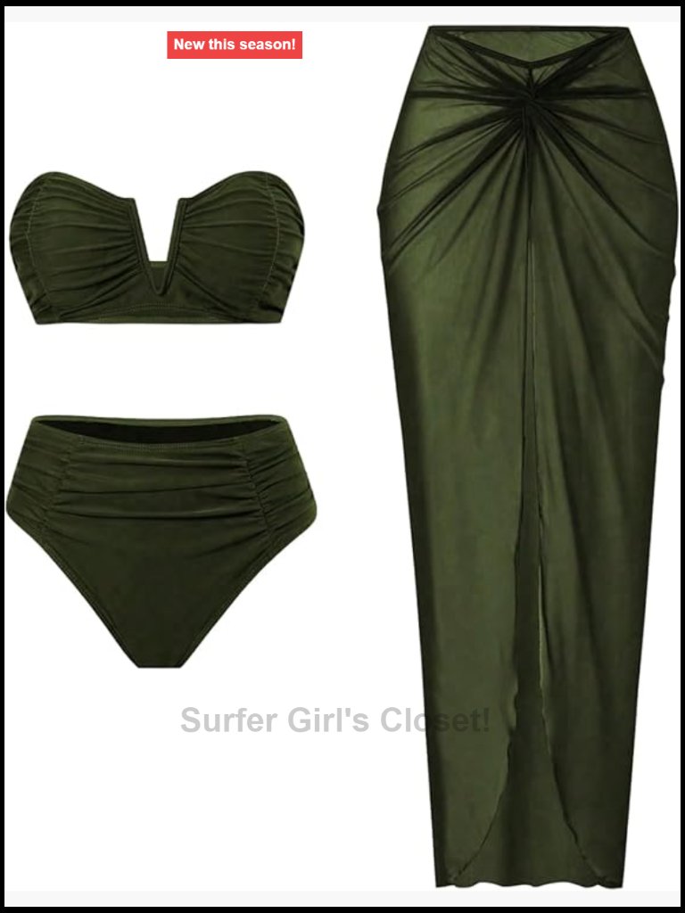 3 Piece Bandeau Bikini Set With Sheer Cover Up Skirt